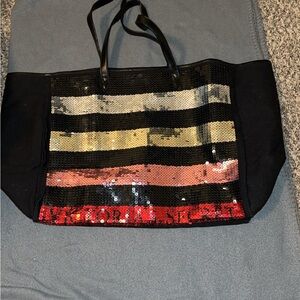 Victoria's Secret Black and Red Tote Bag with Sequin Stripes